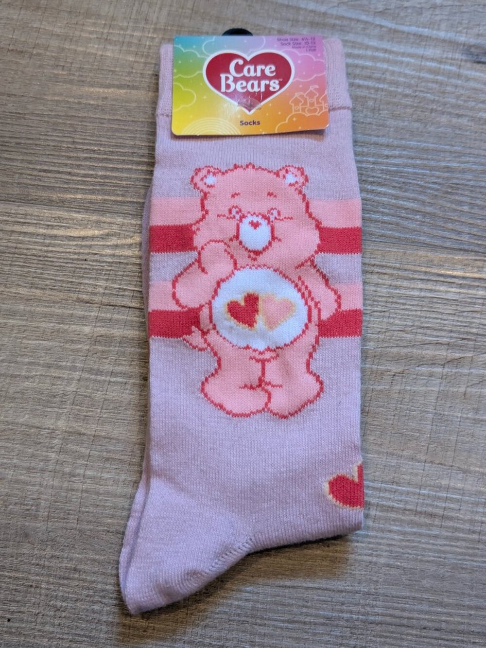 NWT Care Bears Pink Stripe Love-a-Lot Bear Crew Socks